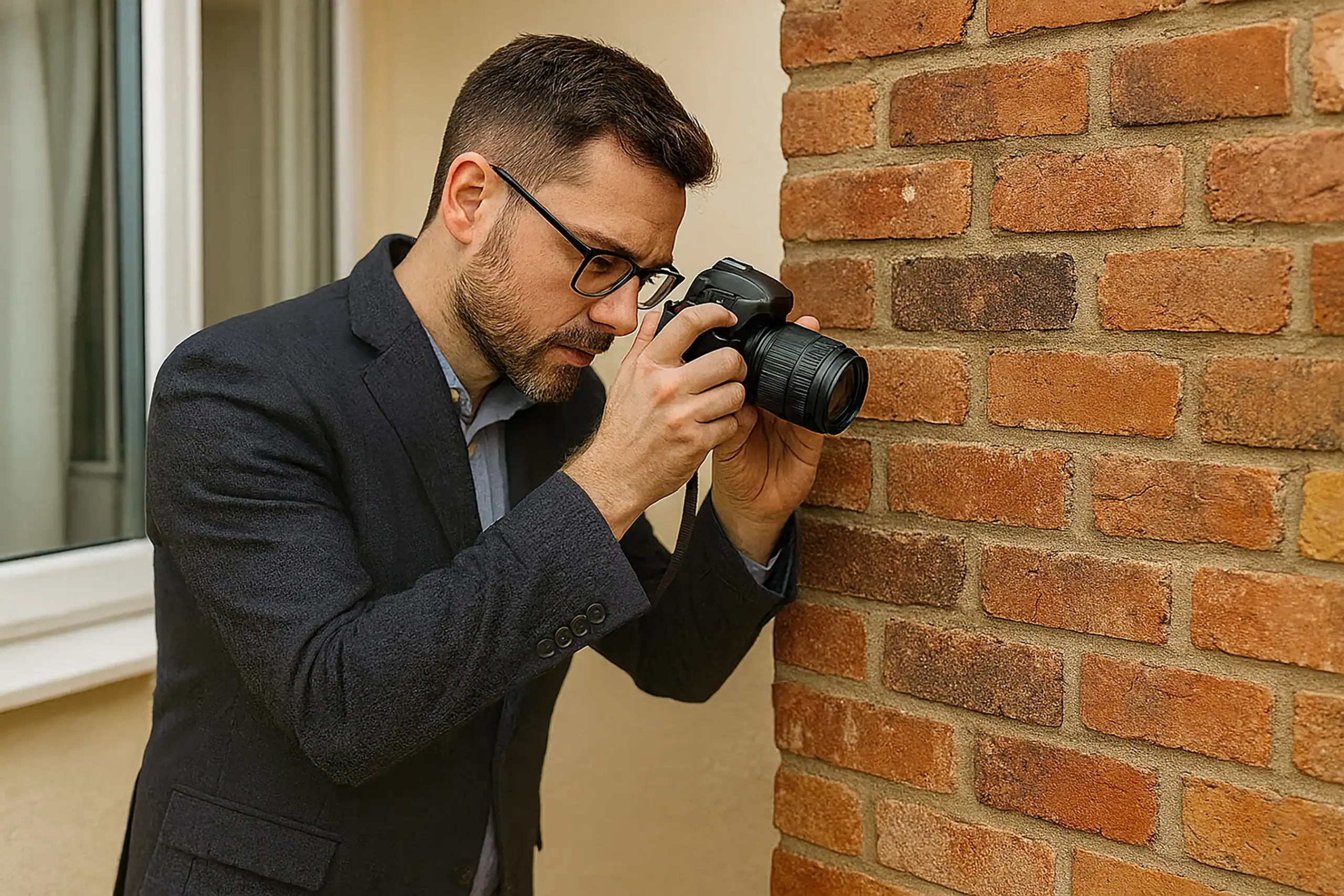Qualified party wall surveyor conducting wall assessment for homeowner.
