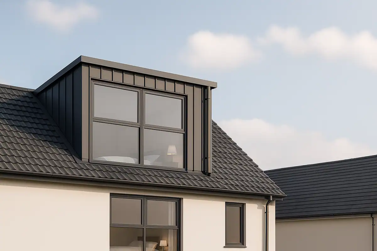 Modern dormer loft conversion with grey cladding and large windows on a London home.