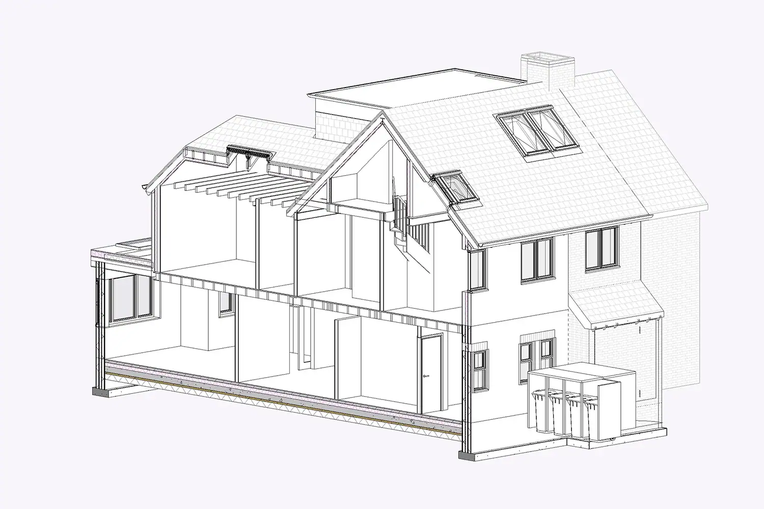 3D model showing RSJ support and insulation for building regulation drawings Richmond in a conservation area new build.