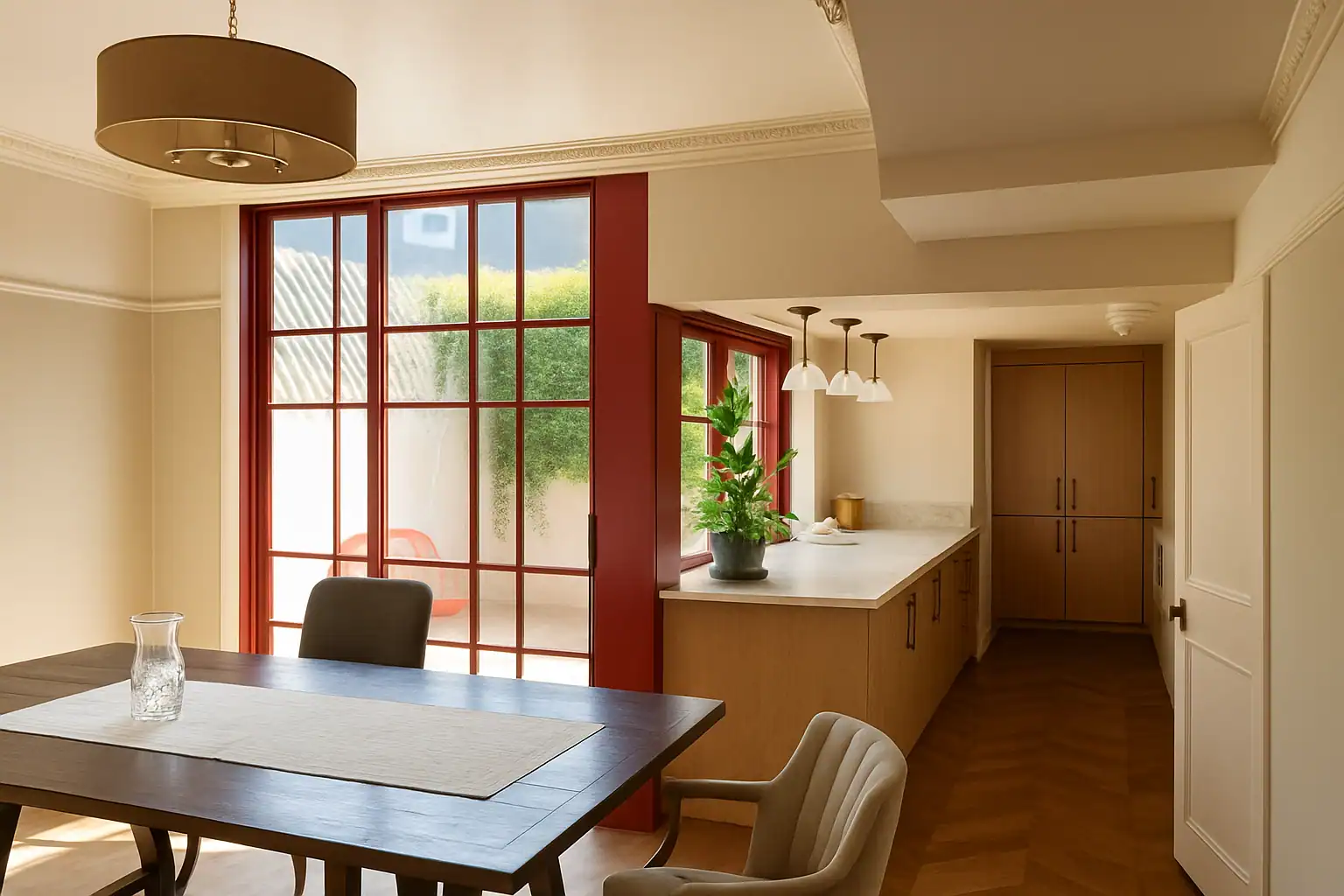 Open-plan kitchen and dining area with natural light, completed following full party wall agreement and building regulation compliance