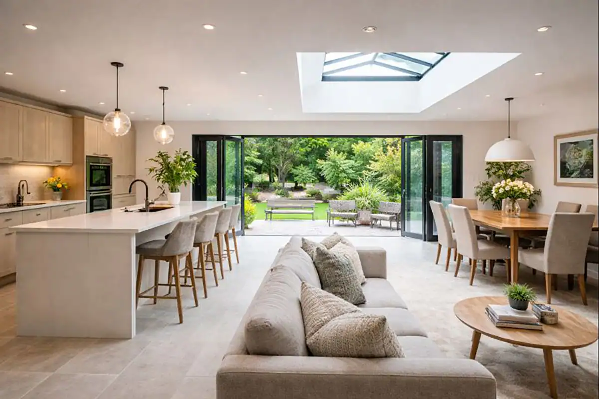 Single storey extension interior showing an open-plan kitchen and living space designed in line with building regulations.
