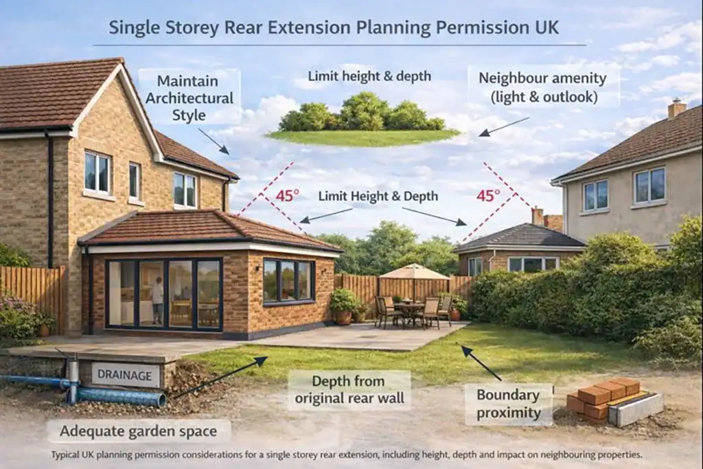 Single storey rear extension planning permission considerations in the UK showing height, depth and neighbour impact
