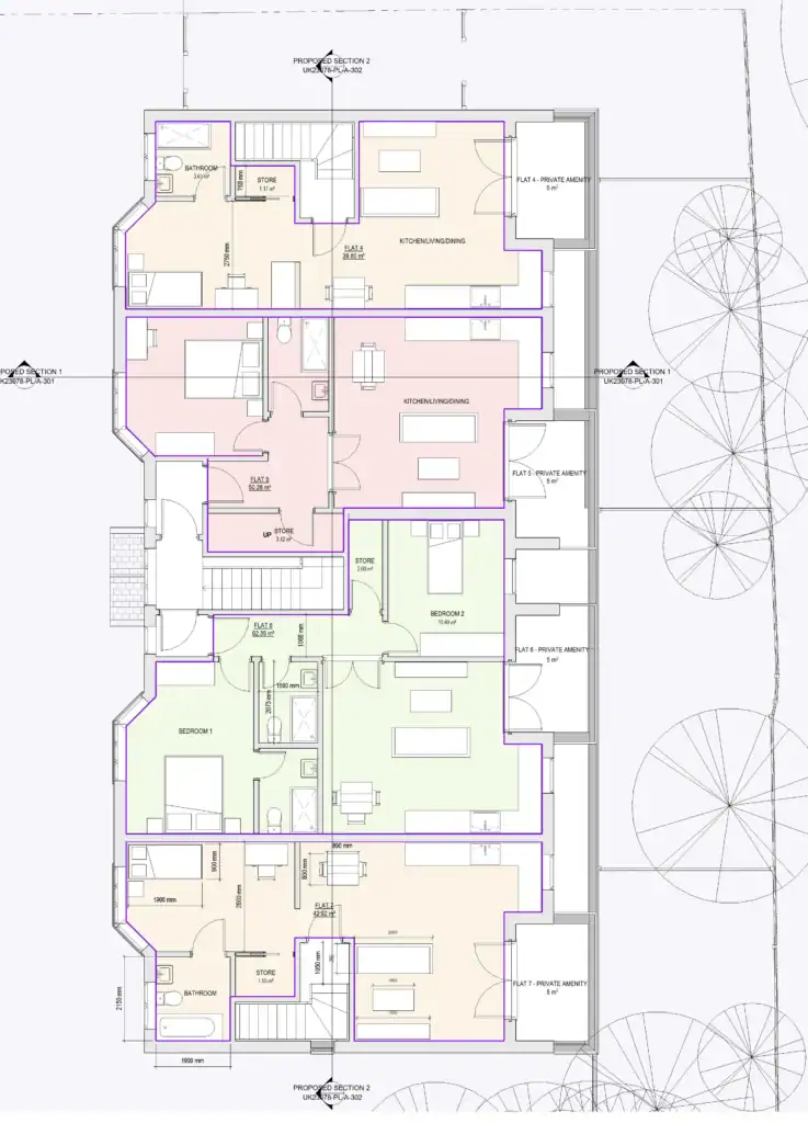 First floor plan for 7 new apartments Hounslow - architectural drawings showing studio and one-bedroom flat layouts with balconies.