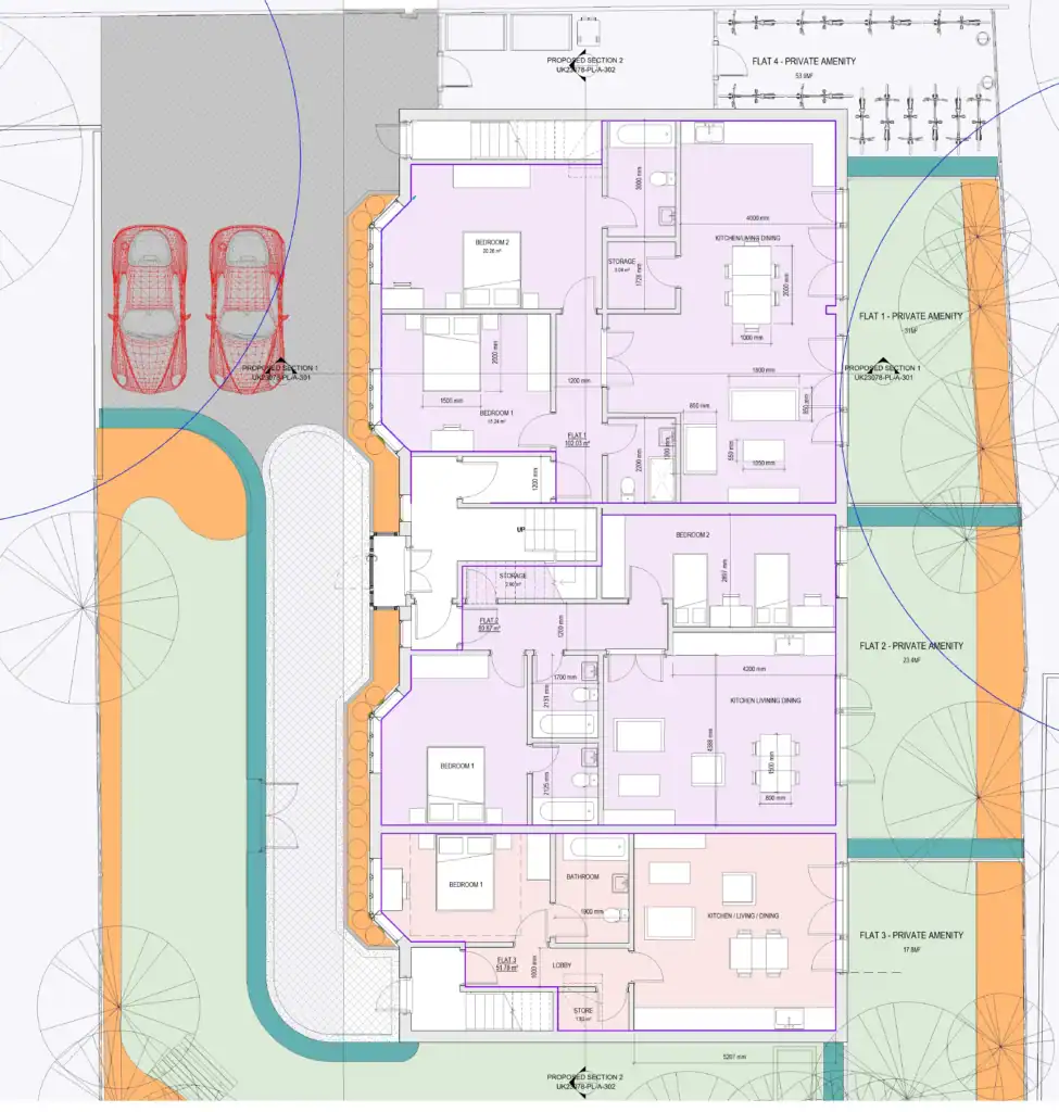 Ground floor plan for 7 new apartments Hounslow - detailed architectural drawings showing two-bedroom flat layouts with private amenity space