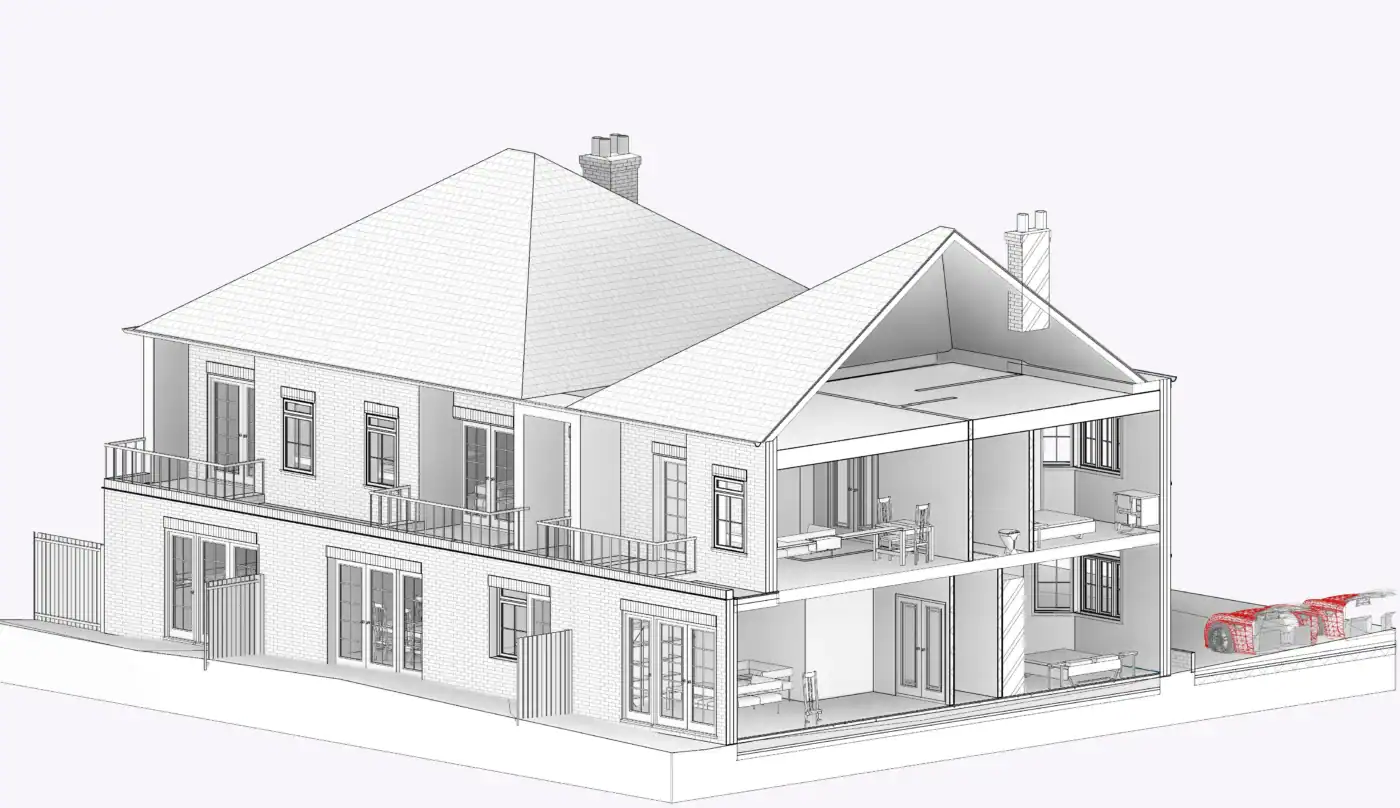 Planning application drawings for 7 new apartments Hounslow - 3D architectural section showing internal layout and building regulation compliance