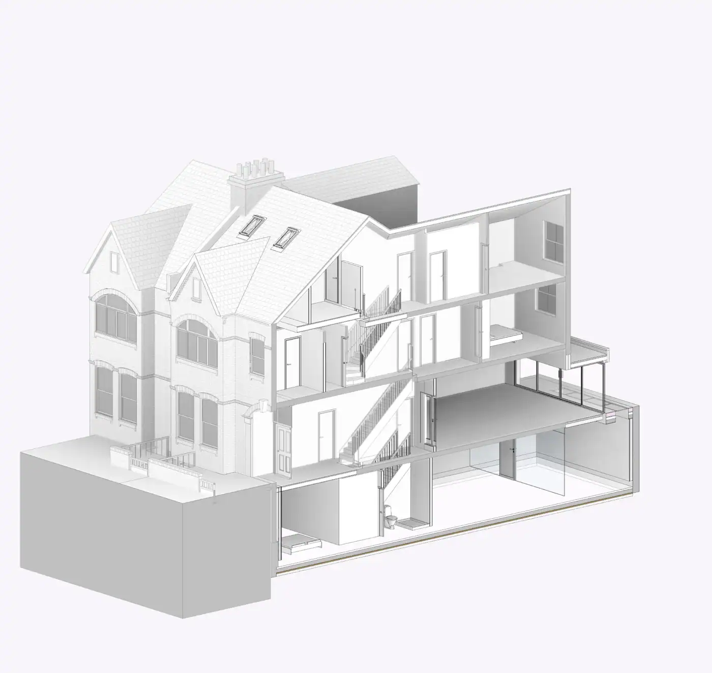 Alt text: 3D sectional drawing showing basement excavation, single storey rear extension and loft conversion at 75 Drakefield Road, Wandsworth — architectural drawings by AC Design Solution