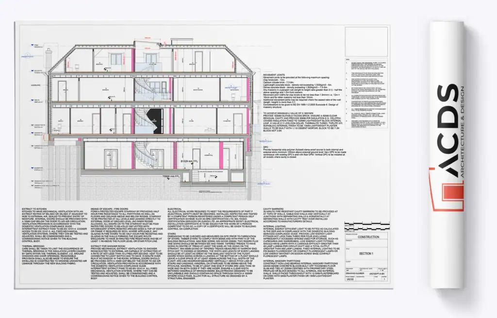 Building regulation drawings basement conversion with detailed cross-section showing structural engineering, waterproofing, fire safety and building regs compliance