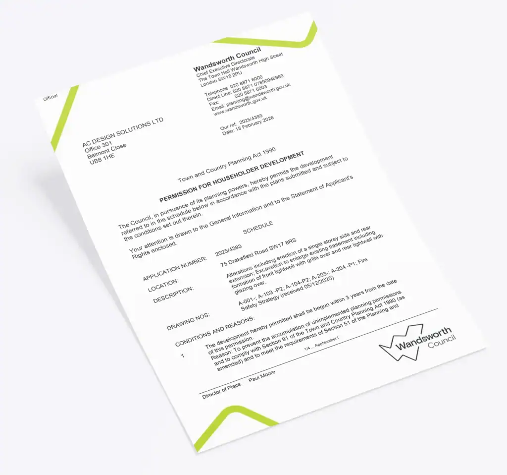 Wandsworth Council planning permission granted for basement excavation and single storey extension at 75 Drakefield Road SW17 — application ref 2025/4393 secured by AC Design Solution