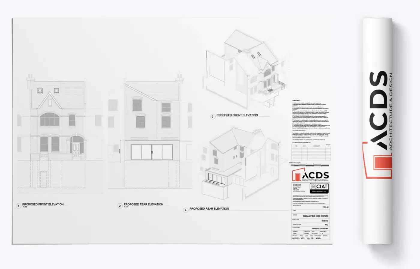 Proposed front and rear elevation planning drawings for basement extension and single storey rear extension at 75 Drakefield Road SW17, Wandsworth — AC Design Solution