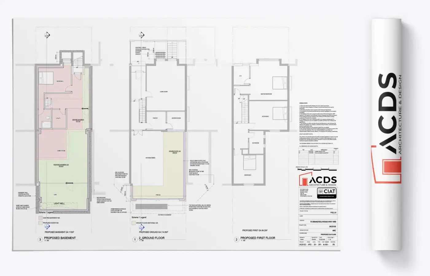 Proposed basement, ground floor and first floor GA plans for basement extension at 75 Drakefield Road SW17, Wandsworth showing lightwell, kitchen dining extension and bedroom layout — AC Design Solution