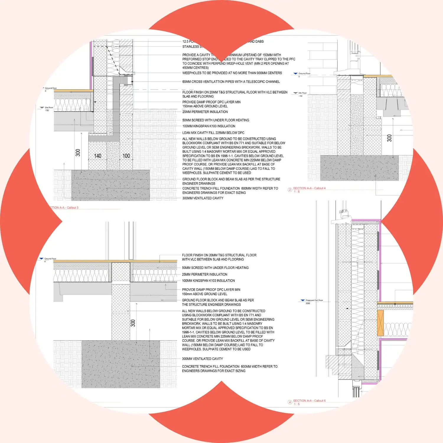 Building regulation drawings - showing block and beam floor make up