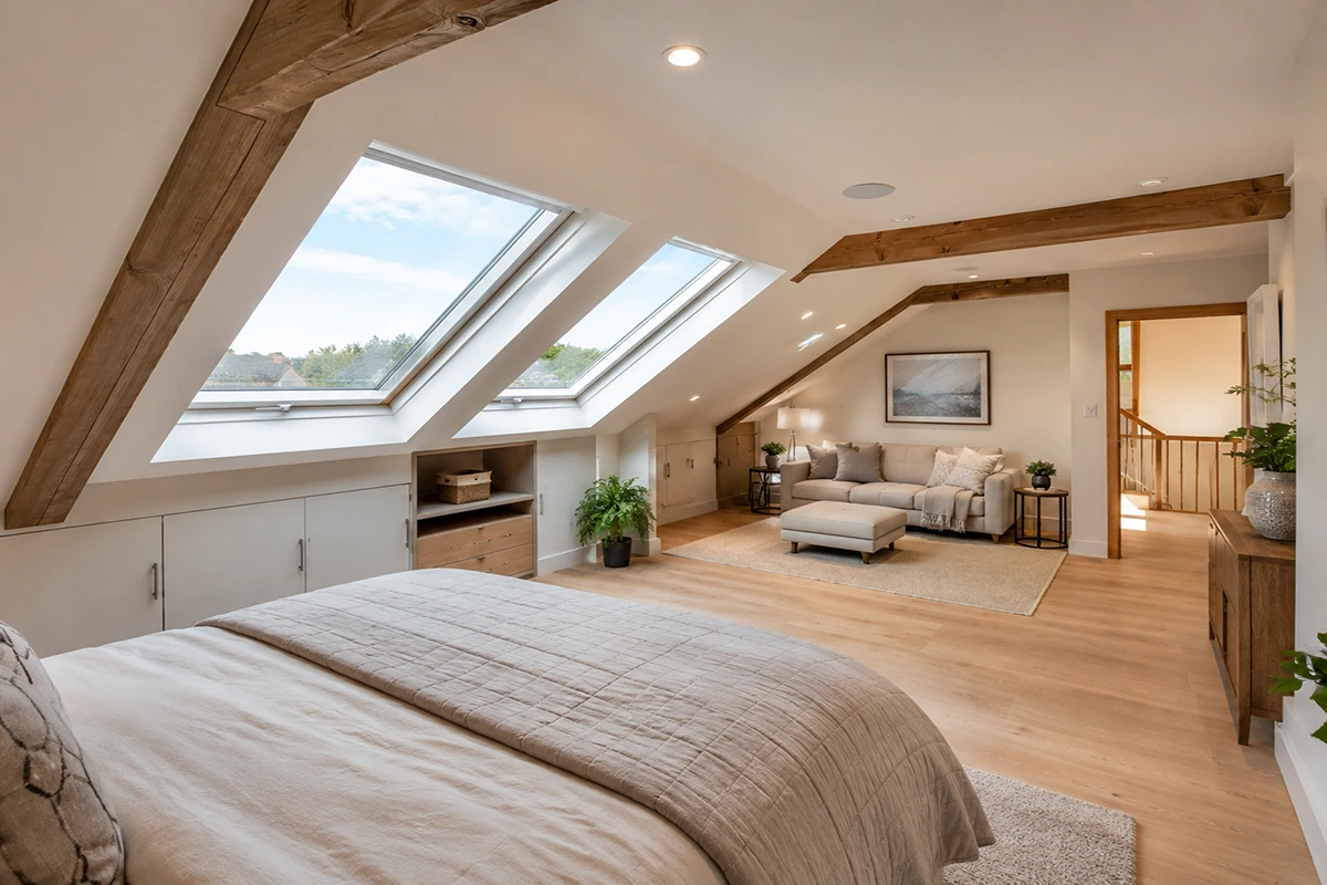 Bright Velux loft conversion with sloped ceilings, large roof windows, exposed wooden beams, built-in eaves storage, a bedroom area, and a cozy lounge space.